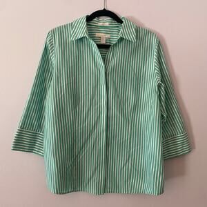 Chico's No-Iron Green White Stripe Button Down Shirt Cotton size 2 / Large / 12